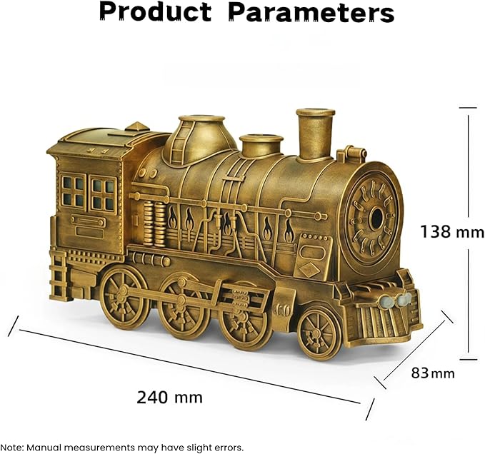 300ML Vintage Train Diffuser & Cool Mist Humidifier with Steam Effect, Remote Control, Dual Modes & Warm Blue LED Light (Gold, Without remote control)
