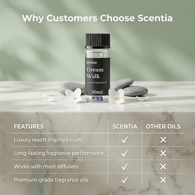 Scentia Dream Walk Hotel Scent Diffuser Oil – Luxury Fragrance Inspired by 5-Star Spa Resort – 50 mL – White Tea, Cedarwood & Amber Essential Oil Blend for Home, Office & Aromatherapy Diffusers