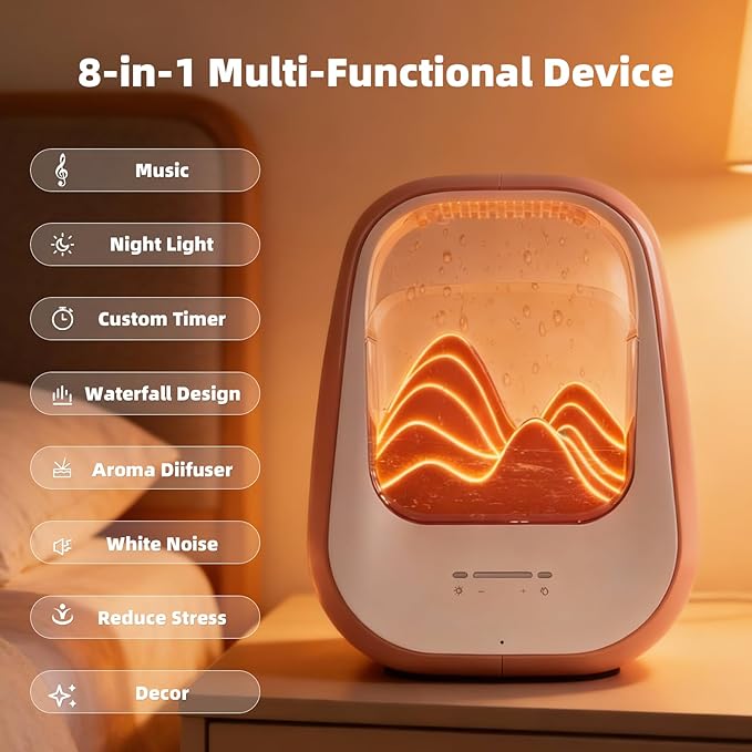 8-in-1 White Noise Sound Machine with Aroma Diffuser, Rain Sound Machine for Sleeping, Stress Relief, Waterfall Sound Machine Night Light Timer for Bedroom Office Home Decor, Amber