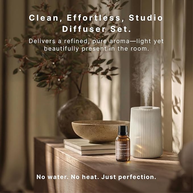 Homedics Waterless Essential Oil Diffuser with 15ml Vanilla Cedarwood Fragrance Oil. SereneScent Cordless Cold Air Scent Diffuser Starter Kit with Ambient Light, Studio 671 (White)