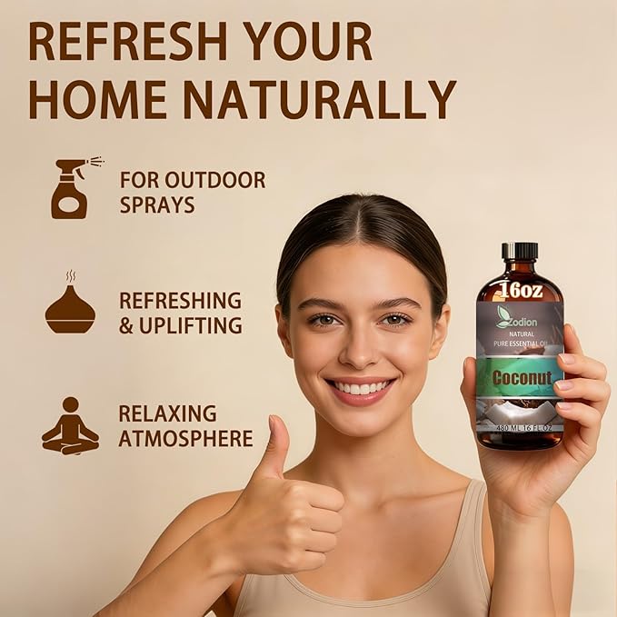 Coconut Essential Oil, 16 fl oz (480ml) - ZODION Coconut Fragrance Oil for Diffuser, Massage, Humidifier, DIY Candle, Soap Making, Home, Bath, Yoga
