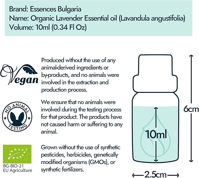 Essences Bulgaria Organic Lavender Essential Oil 1/3 Fl Oz | 10ml | Lavandula angustifolia | 100% Pure and Natural | Undiluted | Therapeutic Grade | Family Owned Farm | Steam-Distilled | Non-GMO