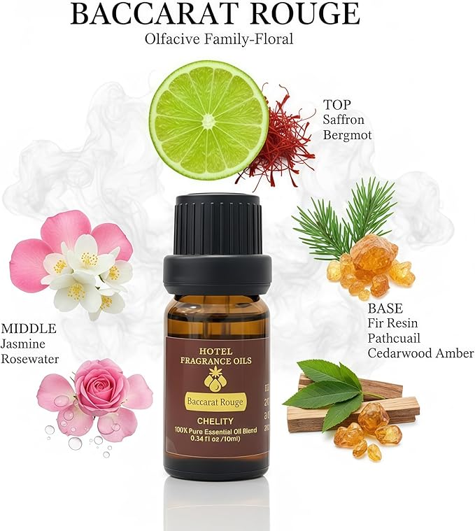 Hotel Diffuser Oil Essential Oils Set, Inspired by Luxury 5-Star Hotel, Baccarat Rouge, Dream On, Dubai, My Way, Santal, Fragrance Oil Set (10(ML), Baccarat Rouge)