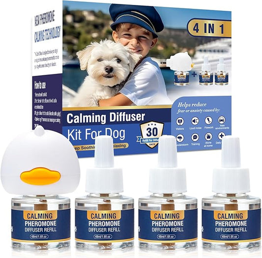 Dog Pheromone Calming Diffuser 4 In 1 Appeasing Pet Pheromones Diffuser to Calm Kit (Plug in+ 3 Pack 48ml Refill) for Anxiety Relief Reduce Barking Aggression Fighting Stress 90 Day Supply(Tasteless)