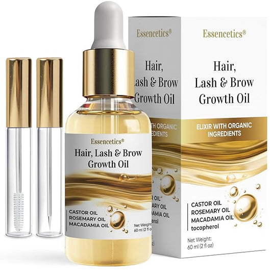 Castor Oil Organic Cold Pressed Unrefined Glass Bottle, Eyebrow Eyelash Growth Serum, Hexane-Free, Pure Rosemary, Macadamia Infused Oils for Hair and Scalp Growth, Natural Brow Lash Oil 2oz