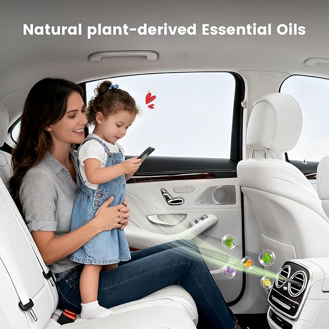 2pcs Car Air Freshener Diffuser Vent Clips, Premium Gift Set with 5 Different Essential Oil (0.34oz Each) & 12 Refill Sticks, Car Diffuser Packaging for Office, Kitchen, Bathroom