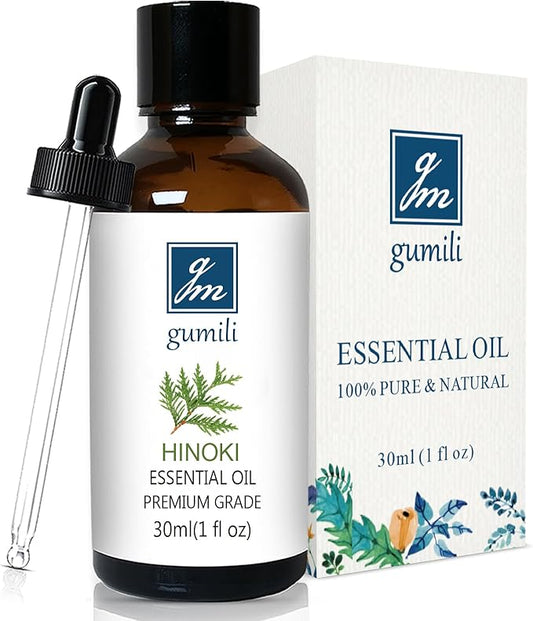 GM Gumili Hinoki Essential Oil 1 Oz – 100% Pure Natural Hinoki Oil for Diffuser, Skin, Hair, Massage & DIY, Refreshing Woodsy Aroma