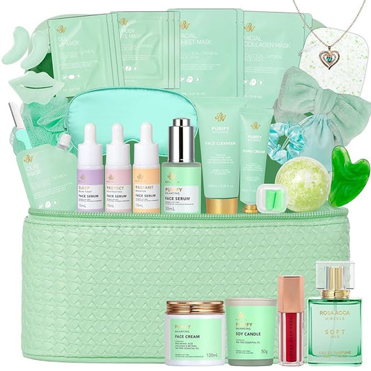 Mothers Day Gifts for Mom, 33 Pcs Tea Tree Skin Care Gift Set, Spa Gift Basket Set for Women, Necklace, Bath and Body Gift Set, Face Sheet Mask, Self Care Kit, Birthday Present, Christmas, Anniversary