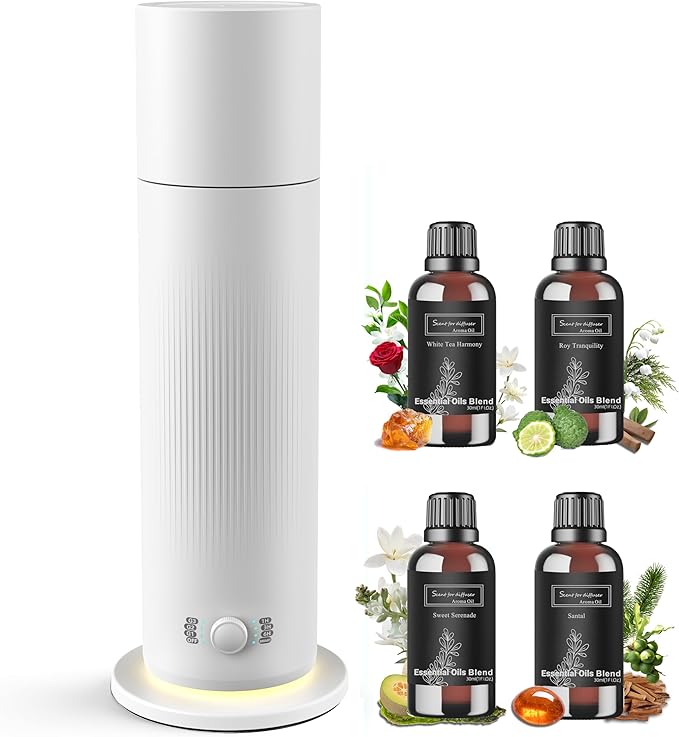 Waterless Essential Oil Diffuser, Scent Air Machine for Home with 4x30ml Hotel Scent Oil Sets, Covers Up to 1000 Sq.Ft, Adjustable Mist & Timer, Hotel and Commercial Use