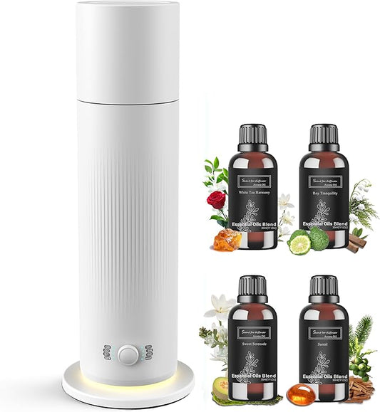 Waterless Essential Oil Diffuser, Scent Air Machine for Home with 4x30ml Hotel Scent Oil Sets, Covers Up to 1000 Sq.Ft, Adjustable Mist & Timer, Hotel and Commercial Use