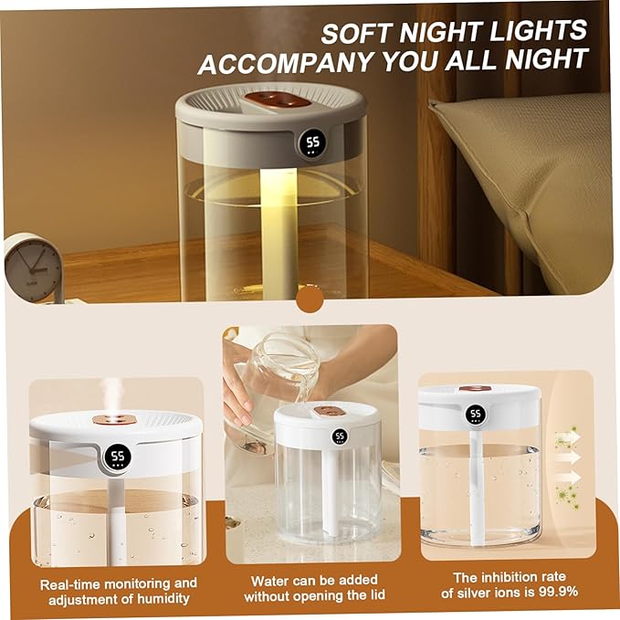 2L Cool Mist Air Humidifier with Humidity Display, 3 Modes, Dual Spray & Light, Silent Diffuser for Bedroom, Baby Nursery, Office, Car & Indoor Plants.