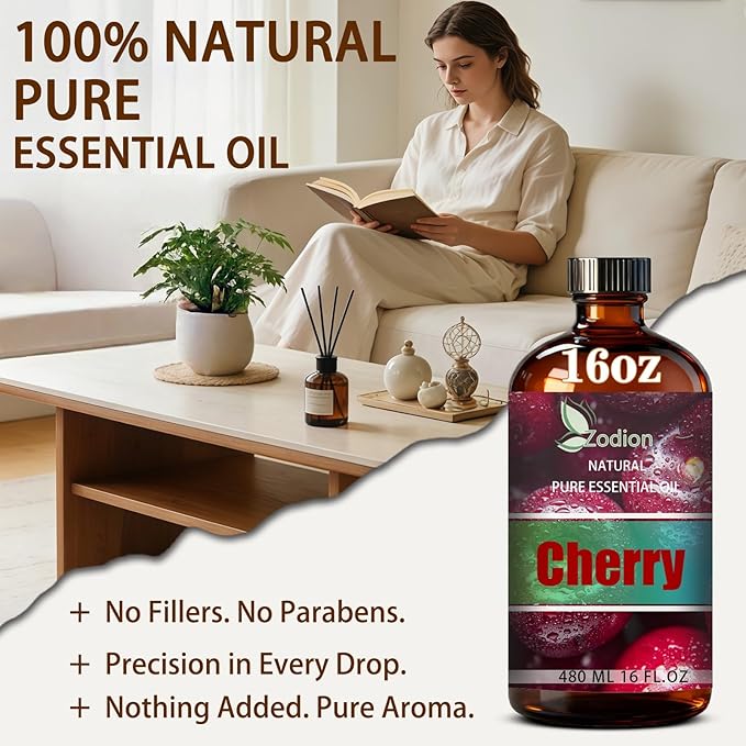 Cherry Essential Oil, 16 fl oz (480ml) - ZODION Cherry Fragrance Oil for Diffuser, Massage, Humidifier, DIY Candle, Soap Making, Home, Bath, Yoga