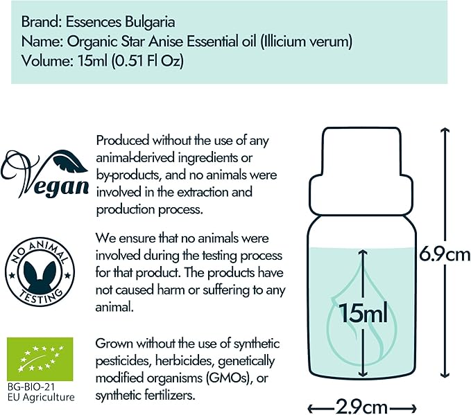 Essences Bulgaria Star Anise Essential Oil 15ml (0.51 Fl Oz) | Illicium verum | 100% Pure, Natural, Undiluted | Aromatherapy, Cosmetics | Vegan, Non-GMO, Cruelty-Free