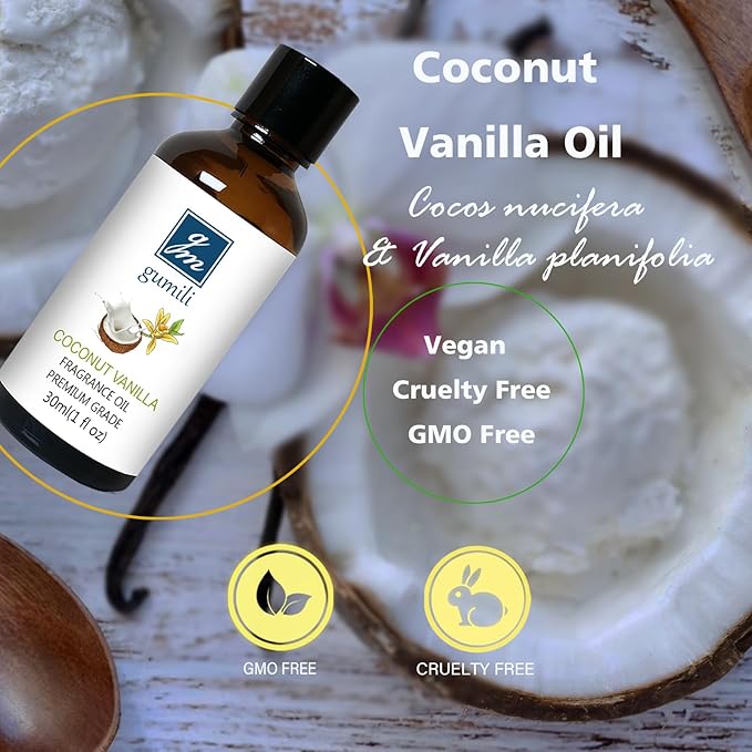 GM Gumili Coconut Vanilla Fragrance Oil, Perfume Oil, Home Scent Oils for Soaps, Candle Making, Dryer Balls, Diffusers, Laundry, Slime -1 oz /30ml
