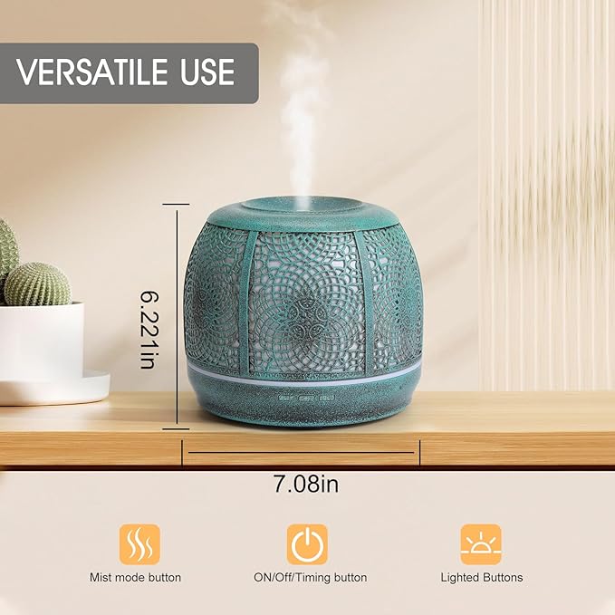 Large Essential Oil Aromatherapy Diffuser for Home Bedroom Metal Hollow Decorative Room Ultrasonic Air Scent Mist Aroma Diffuser 500ML Defusers -Green Copper