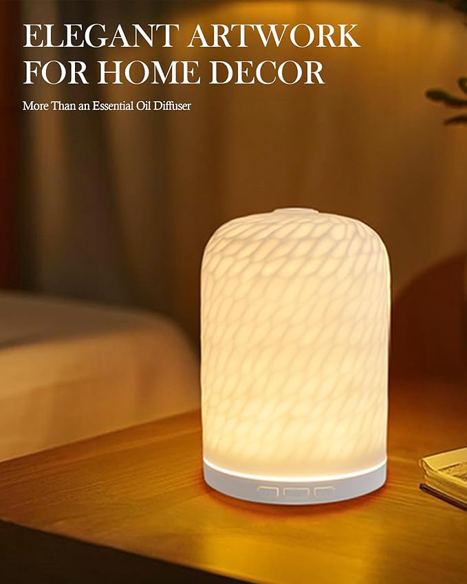 Onaboviva Essential Oil Diffuser - 2.4MHz Ultrasonic Ceramic Diffuser for Home, 120ml, Pulse&Continuous Mist, Bright/Dim/Breathing Lighting, Waterless Auto-Off, Aromatherapy Diffuser with USB Cable