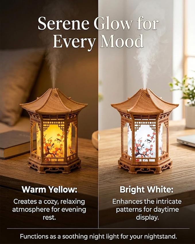 Zen Pavilion Lantern Aroma Diffuser & Night Light for Desk with 2 Mist Modes & LED Warm/White Light, 160ml Zen Office Decor USB Personal Humidifier for Yoga, Meditation, Spa & Sleep (Dark)