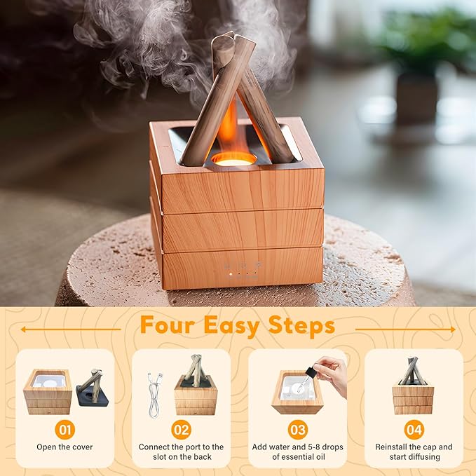 Campfire Flame Fire Diffuser, Bonfire Aromatherapy Essential Oil Diffuser, 280ml Wood Cool Mist Humidifier for Home,Bedroom,Office, Remote Control, Auto Shut-Off, Night Light, Gift (Wood Grain)