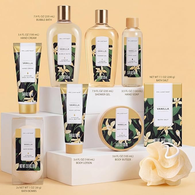 spa luxetique Bath Sets for Women Gift - 10PCS Vanilla Scent Spa Kit, Spa Gift Baskets for Her Birthday, Mother's Day Gifts for Women, Mother, Wife, Girlfriends