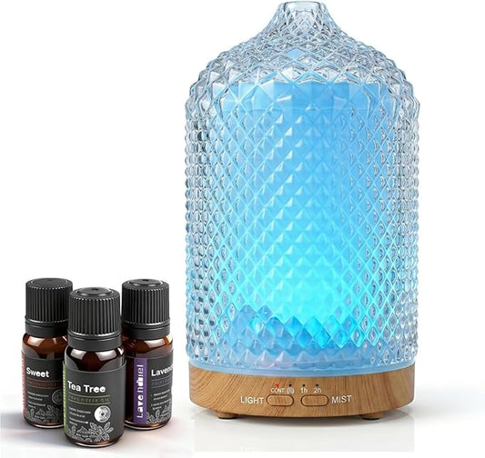 Diffuser with 3 Essential Oils,Glass Aroma Diffusers,200ml Small Humidifier with Timer,7 ED Color Lights,Waterless Auto Shut-Off for Office Home Room Decor Gifts for Women