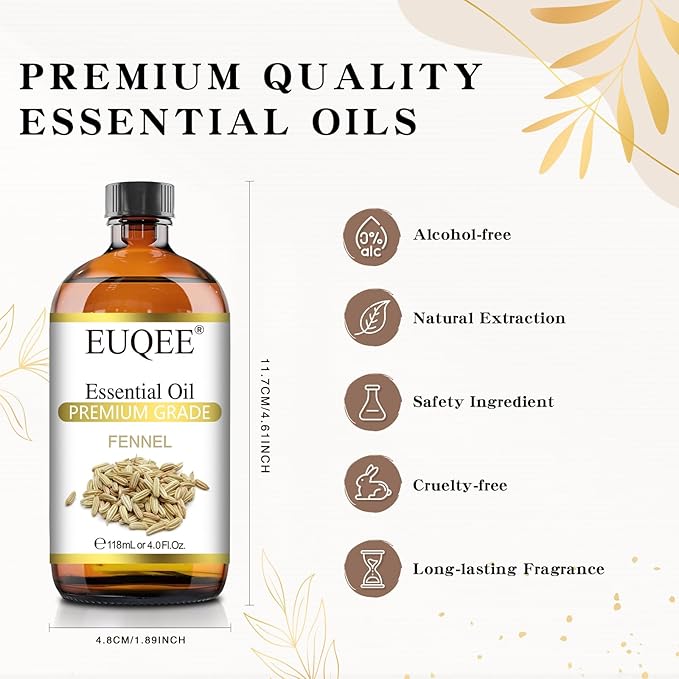 EUQEE Fennel Essential Oil 4Fl.Oz Pure Fennel Oil with Glass Dropper for Skin, Aromatherapy, Diffuser, Soap Making, Candle Making - 118ml