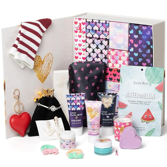 Valentines Bath and Body Advent Calendar, Wedding Gift of Thank you, Teen girls Happy Birthday Gifts for Women Mom -Luxury Spa advent calendar Spa Gifts for Women, Birthday Bridal Shower