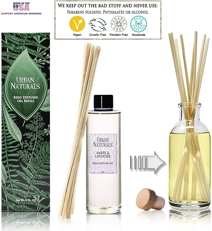 Urban Naturals Reed Diffuser Oil Refill Amber & Lavender, Soothing Lavender, Warm Amber, Calming Room Scent, 4 oz + Free Reed Sticks, Made in the USA