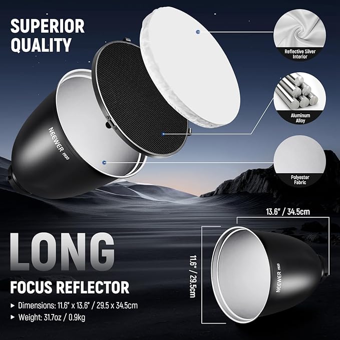 NEEWER 11.6"/29.5cm Deep Focus Reflector Bowens Mount with 15°/30° Honeycomb Grids & Soft Cloth, 45° Diffuser Lamp Shade Compatible with Godox NEEWER Studio Strobe Flash Light Speedlite, FR30