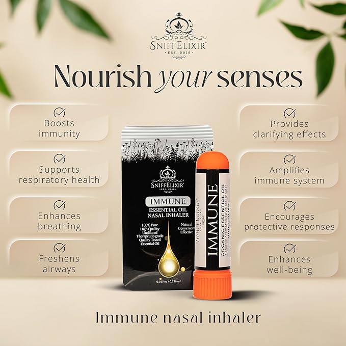 Immune Support Aromatherapy Nasal Inhaler Vapor Stick, Portable Personal Essential Oil Diffuser, USA Made with Organic Essential Oils, Wellness Formula for Immunity Boost