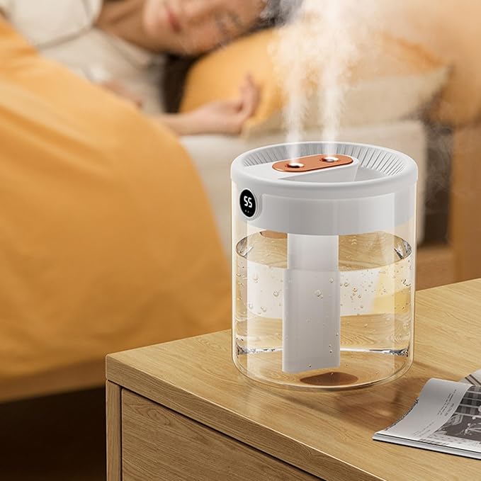 2L Cool Mist Air Humidifier with Humidity Display, 3 Modes, Dual Spray & Light, Silent Diffuser for Bedroom, Baby Nursery, Office, Car & Indoor Plants.
