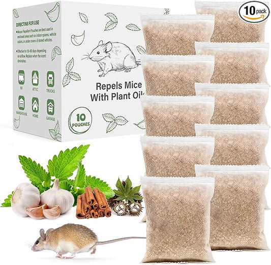 Pest Rodent Repellent Pouches, Peppermint Oil for Mouse, Roach, Ant, Spider, Squirrel, Mice, Rats, Pest Control Indoor Outdoor, Natural Mouse Deterrent Replace Traps Poison Family Pet Safe,10 Pack