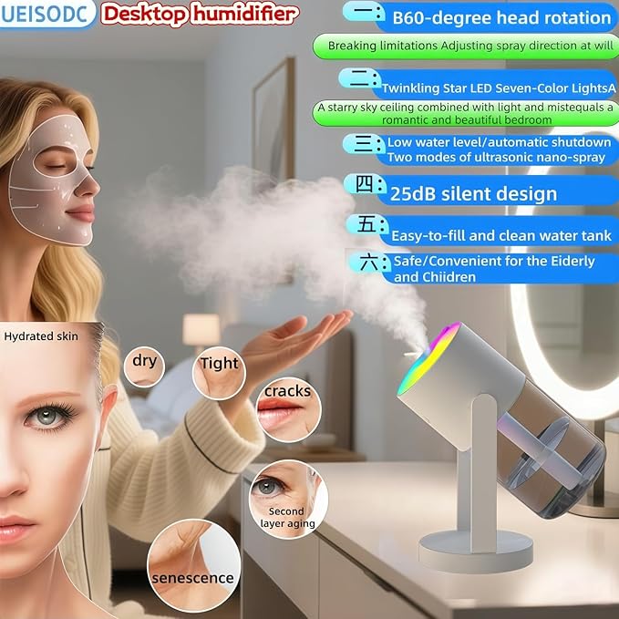 UEISODC bedroom humidifier, desktop USB humidifier, car air freshener, relieves tight skin, cough, nasal congestion, allergies and dry air，With automatic shutdown, silent operation