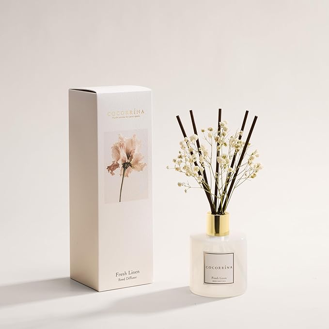 COCORRÍNA Reed Diffuser - Fresh Linen 6.7 fl oz Reed Diffuser with Sticks, Bedroom Bathroom Shelf Decor