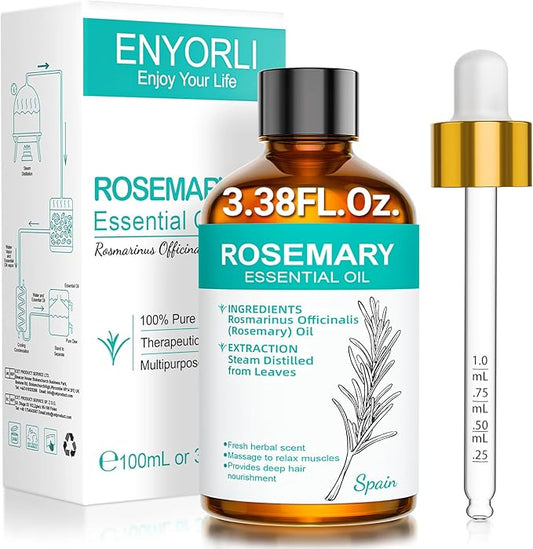 Rosemary Essential Oil with Glass Dropper 3.38 fl oz, 100% Natural Oil for Hair Care, Scalp Massage, Diffuser, Aromatherapy, Soap and Candle Making, Self Care Use