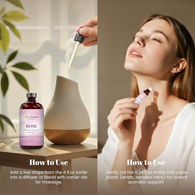 Rose Essential Oil 4.33 Fl Oz, 100% Natural Rose Oil Premium Grade for Diffusers, Skin Care, Massage, Humidifiers, DIY Candles, Soap Making, with Glass Dropper
