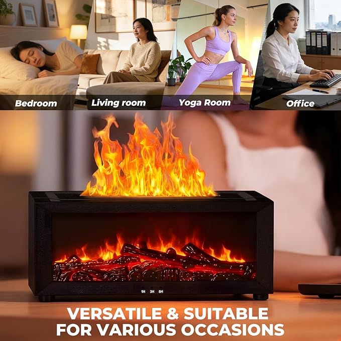 Fireplace Flame Essential Oil Diffuser, 7-Color LED Ultrasonic Aromatherapy Humidifier with Remote Control & Timer, 150ml Waterless Auto-Off Cool Mist Diffuser for Home Bedroom Office Yoga Black