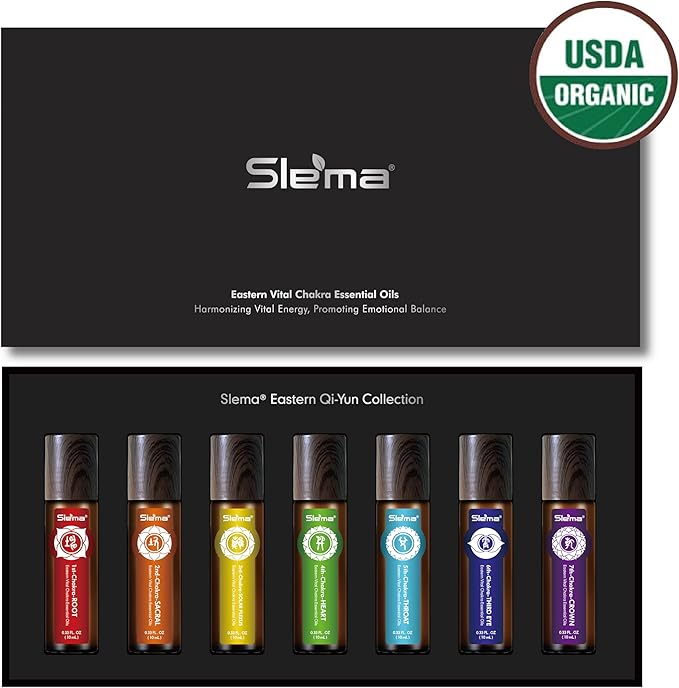 Slema 7 Chakra Essential Oil Roll-On Gift Se – 7 x 10ml Crystal & Jade Rollerballs for Mindfulness, Relaxation & Daily Self Care Rituals (7 x 10ml-Essential Oil Roller Sets)