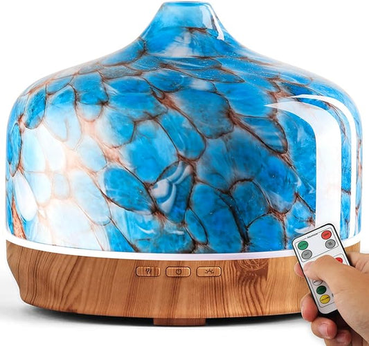 Porseme 500ml Glass Essential Oil Diffuser Aromatherapy Ultrasonic Cool Mist Humidifier 15-21 Running Hours Diffusers with Remote Control for Sleeping Yoga Working Spa(Blue）