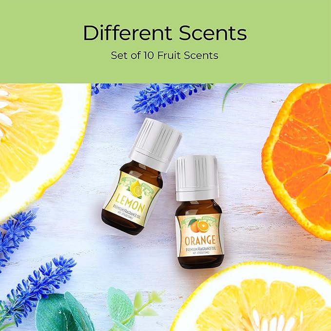 Good Essential Fruity Fruits Fragrance Oil Set Pack of 10 - 5ml Set - Strawberry, Apple, Watermelon, Pineapple, Cucumber Melon, Red Cherry, Mango, Peppermint, Lemon, & Orange - Candle Fragrance Oil