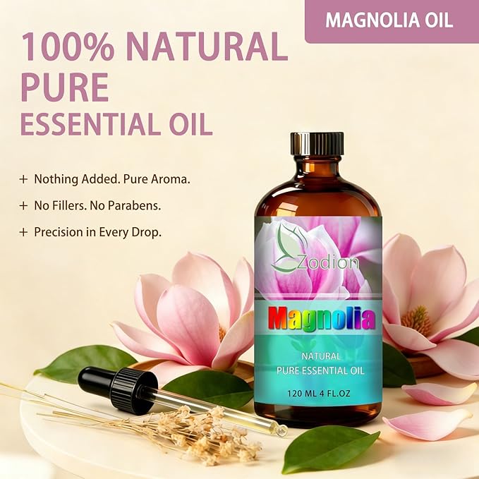 Magnolia Essential Oil, 4 fl oz (120ml) - ZODION Magnolia Fragrance Oil for Diffuser, Massage, Humidifier, DIY Candle, Soap Making, Home, Bath, Yoga