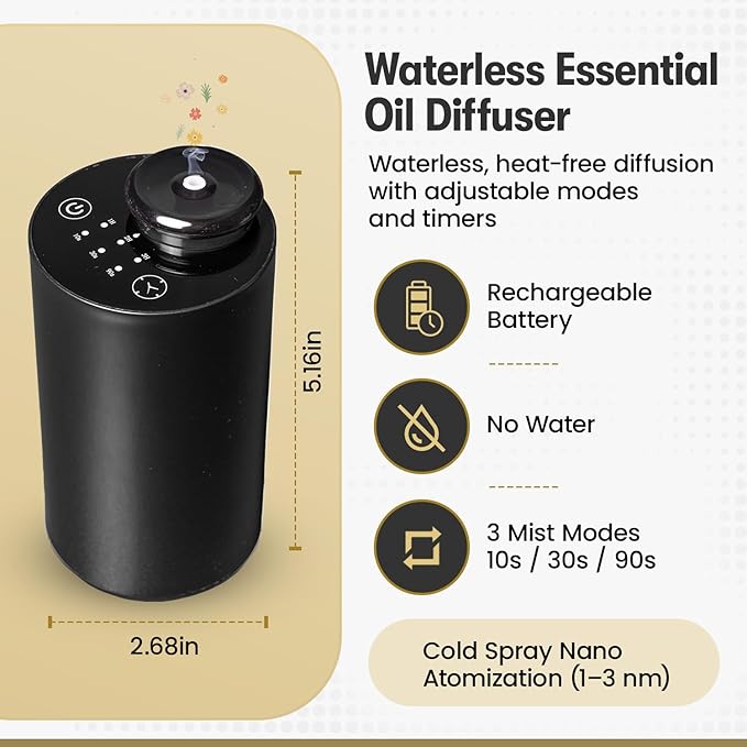 Waterless Essential Oil Diffuser for Car & Home with 3x10ml Oils, Portable Aromatherapy Device, USB-C Rechargeable, 3 Mist Modes, Long Lasting Scent – Black