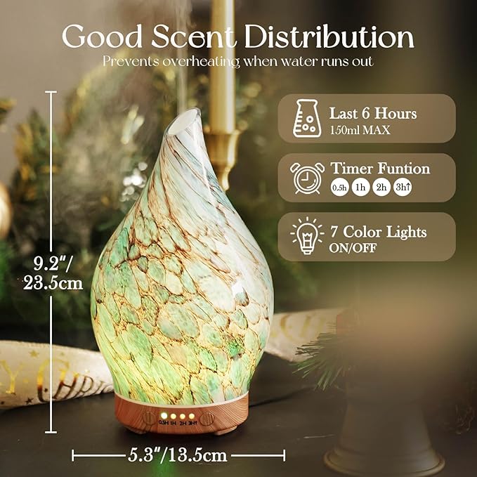 Porseme Essential Oil Diffuser Hand-Blown Glass Aroma Diffusor, Aromatherapy Unltrasonic Cool Mist deffuser, 7 Color Changing, Waterless Shut-Off, Timer Function for Home Office(150ml, Light Blue)