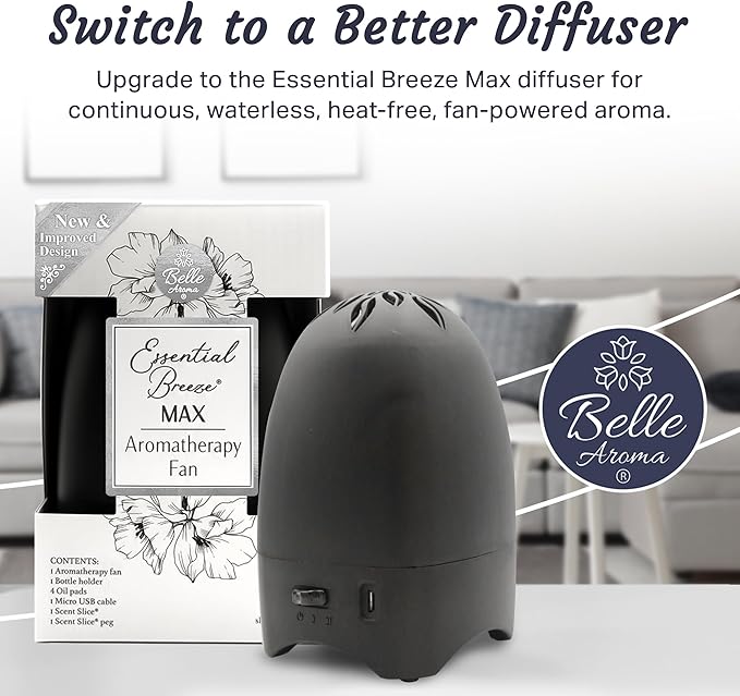 Belle Aroma Essential Breeze Max Aromatherapy Fan – Upgraded Dry Diffuser for Essential Oils or EVA Inserts – Battery or USB Powered – 30-Day Scent – No Water – for Desk, Travel, or Car - Slate