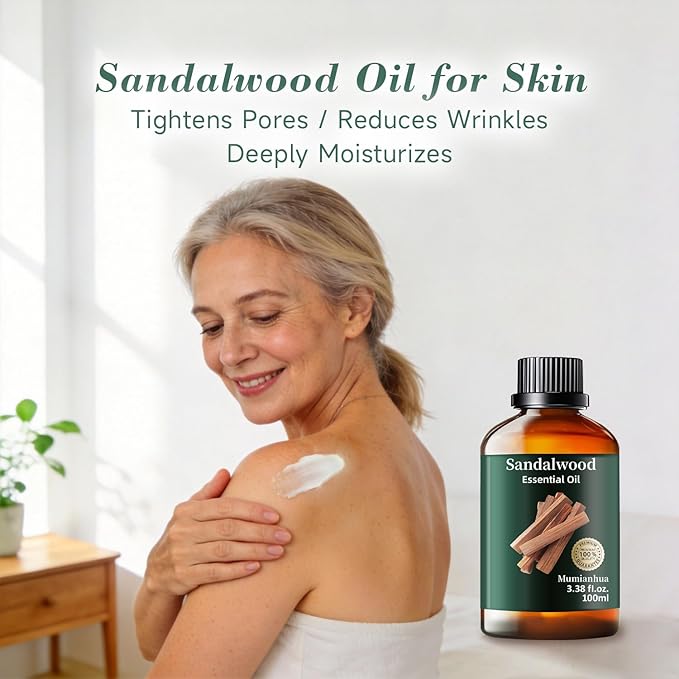 Sandalwood Essential Oil, Mumianhua Pure Sandalwood Oil, for Deep Meditation & Mood Balance, Luxurious Skin Serum & Diffuser Blend, Woody Base Note for Perfume, Candle Making, 3.38 Fl Oz