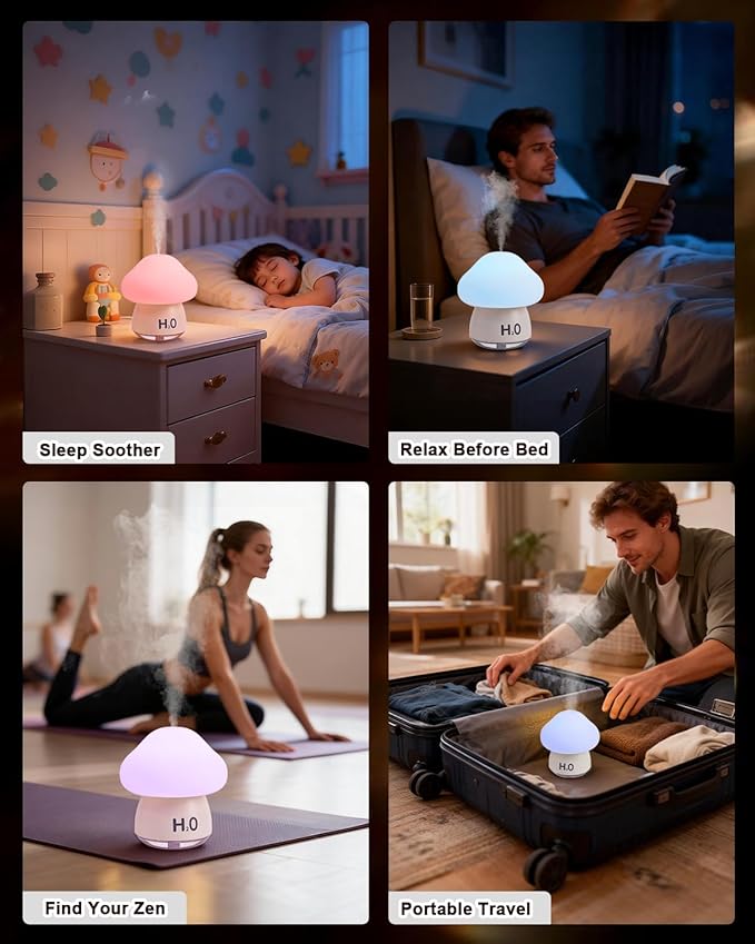 Mushroom Humidifier Lamp with 8 RGB Colors Lights,Cute Rechargeable Portable Humidifiers for Bedroom,Small Mushroom Diffuser with Two Spray Modes,Touch Night Light,Valentine's Day Gifts (White)