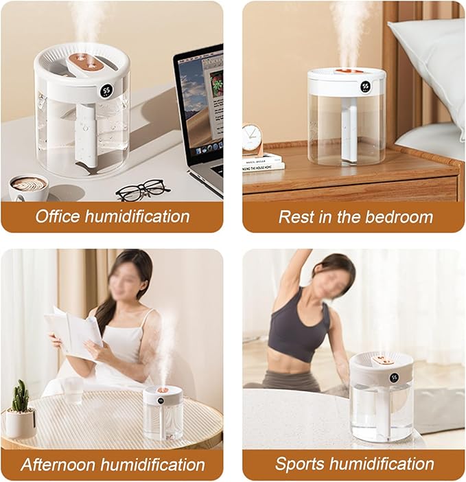 2L Cool Mist Air Humidifier with Humidity Display, 3 Modes, Dual Spray & Light, Silent Diffuser for Bedroom, Baby Nursery, Office, Car & Indoor Plants