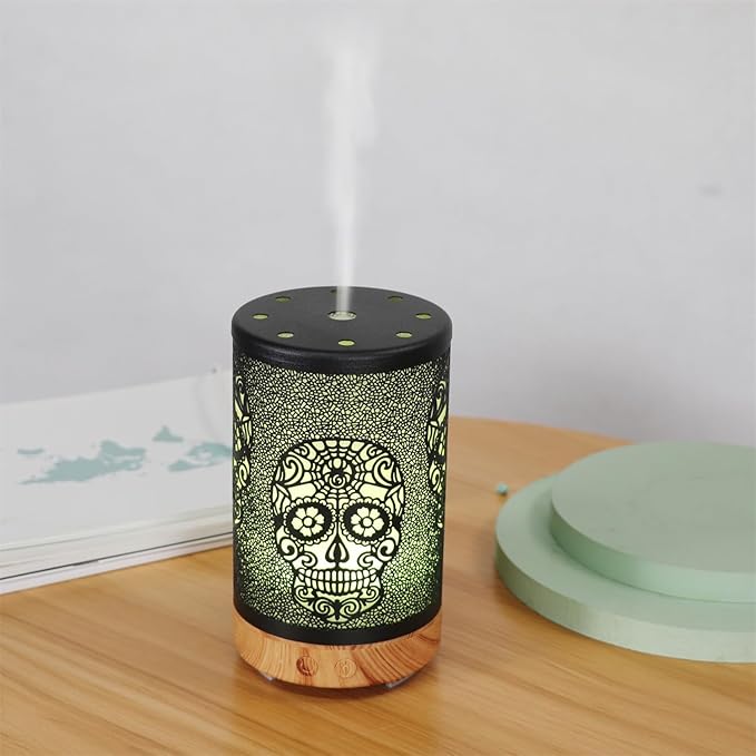 Skull Aromatherapy Diffuser, 100ML Essential Oil Diffuser Cool Mist Humidifier, with Remote Control Waterless Auto Off, for Bedroom, Office, Living Room (Wooden)