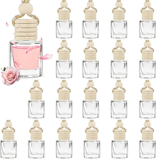 20 Pcs Car Diffuser Bottle Set with Wooden Caps,Dropper and Funnel, Empty Glass Car Air Freshener Bottle Bulk Hanging Essential Oil Fragrance Pendants for Car Decor，Can DIY Car Air Freshners Diffuser
