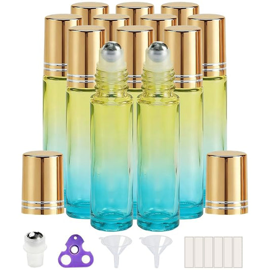 PrettyCare 12 Pack, 10 ml Essential Oil Roller Bottles with Stainless Steel Roller Ball - Refillable Leak-proof Empty Thick Blue& Yellow Glass Roll on Bottles with Golden Caps for Travel, Perfume