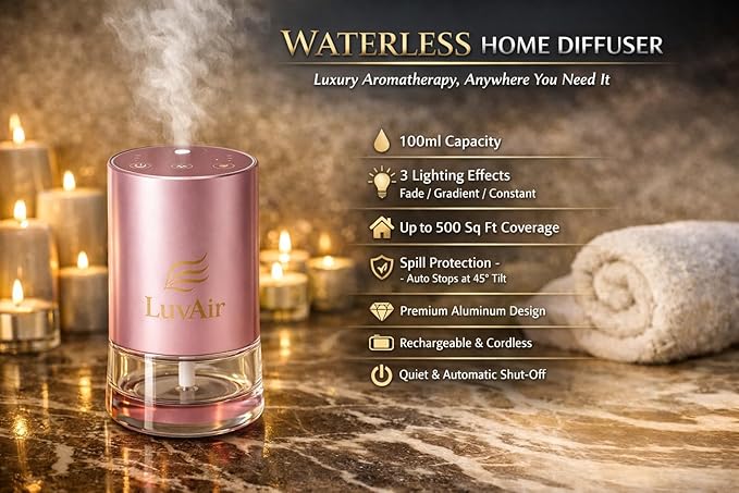 LuvAir Waterless Home Diffuser – Rechargeable Cordless Aromatherapy Machine for Large Rooms, Adjustable Mist, Essential Oil Diffuser for Home & Office (Pink)